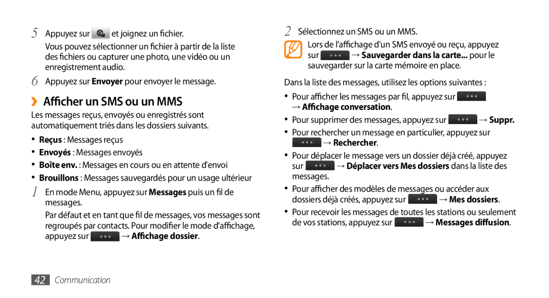 Samsung GT-S5330HKAXEF manual ››Afficher un SMS ou un MMS, Appuyez sur → Affichage dossier, → Affichage conversation 