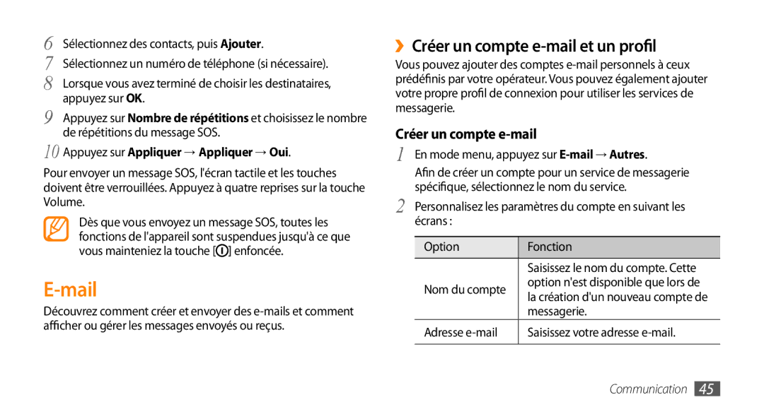 Samsung GT-S5330HKAXEF manual Mail, ››Créer un compte e-mail et un profil, Appuyez sur Appliquer → Appliquer → Oui 
