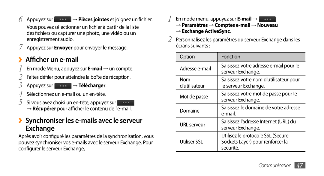Samsung GT-S5330FIAXEF manual ››Afficher un e-mail, ››Synchroniser les e-mails avec le serveur Exchange, → Télécharger 