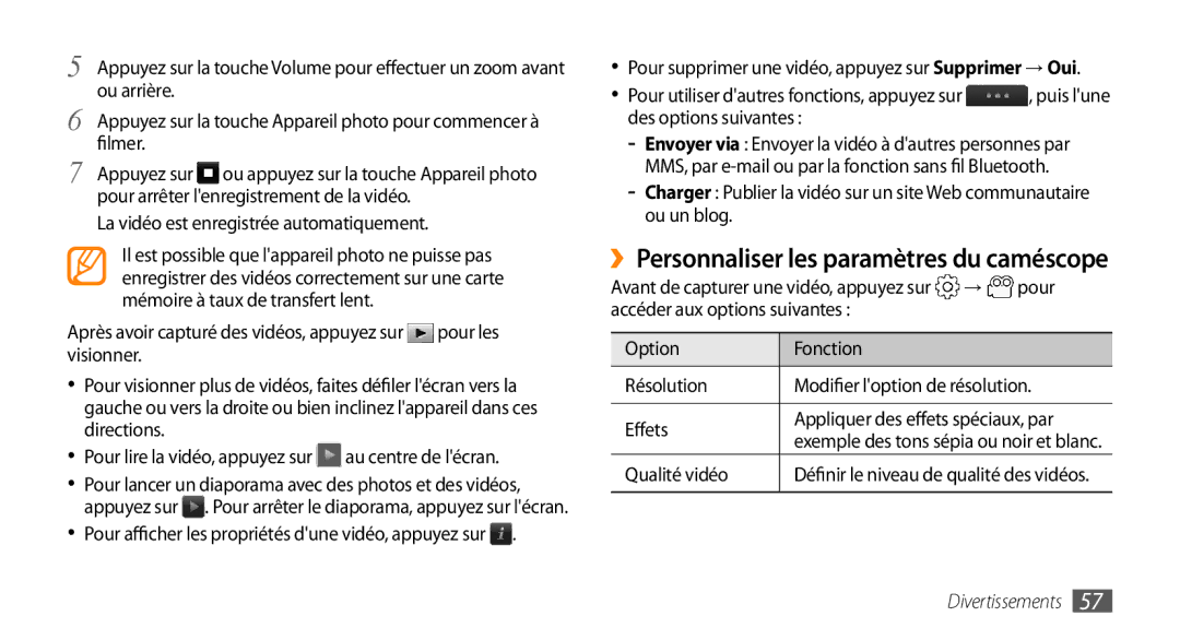 Samsung GT-S5330HKAXEF manual ››Personnaliser les paramètres du caméscope, La vidéo est enregistrée automatiquement, Pour 