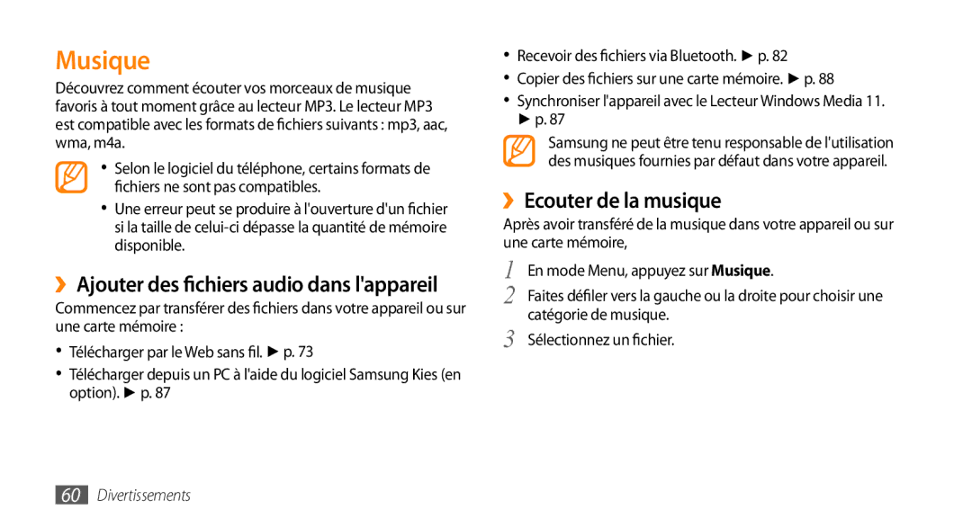 Samsung GT-S5330HKAXEF, GT-S5330FIAXEF manual Musique, ››Ajouter des fichiers audio dans lappareil, ››Ecouter de la musique 