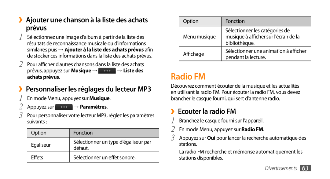 Samsung GT-S5330HKAXEF, GT-S5330FIAXEF Radio FM, ››Ajouter une chanson à la liste des achats prévus, ››Ecouter la radio FM 