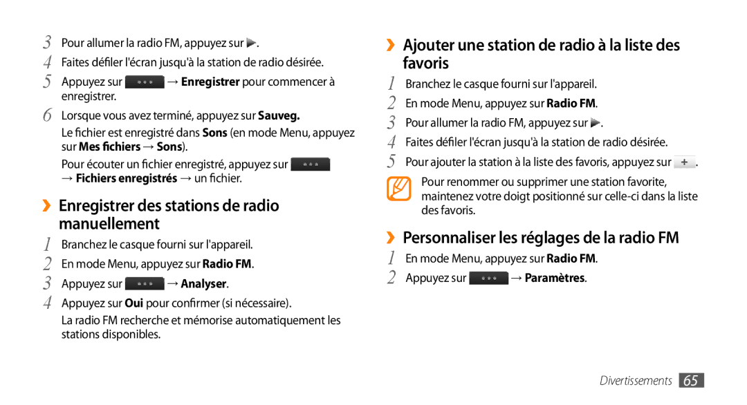 Samsung GT-S5330FIAXEF manual ››Enregistrer des stations de radio manuellement, ››Personnaliser les réglages de la radio FM 