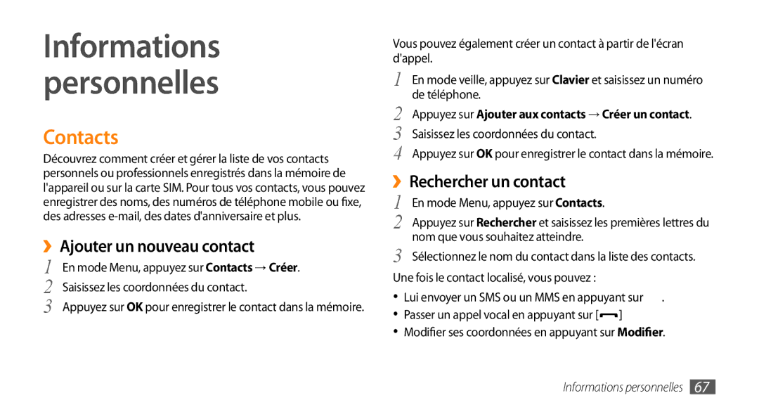 Samsung GT-S5330CWAXEF manual Contacts, ››Ajouter un nouveau contact, ››Rechercher un contact, Informations personnelles 