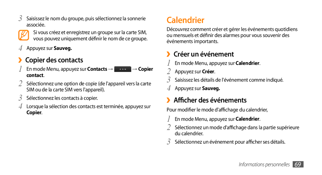 Samsung GT-S5330HKAXEF manual Calendrier, ››Copier des contacts, ››Créer un événement, ››Afficher des événements, Contact 