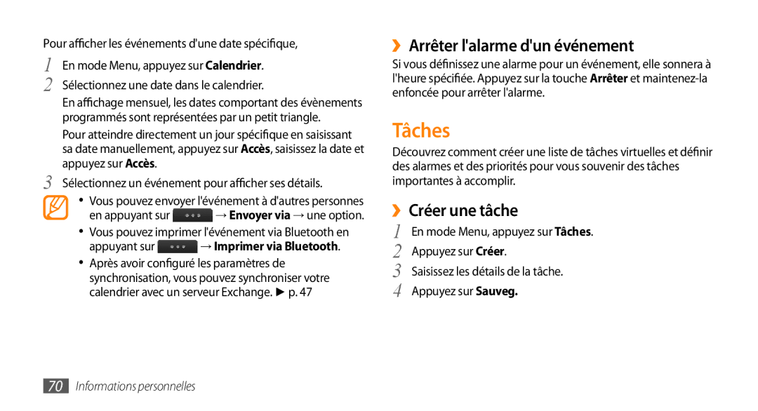 Samsung GT-S5330CWAXEF Tâches, ››Arrêter lalarme dun événement, ››Créer une tâche, Appuyant sur → Imprimer via Bluetooth 