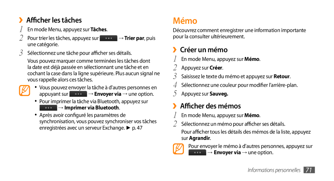 Samsung GT-S5330FIAXEF manual Mémo, ››Afficher les tâches, ››Créer un mémo, ››Afficher des mémos, → Imprimer via Bluetooth 