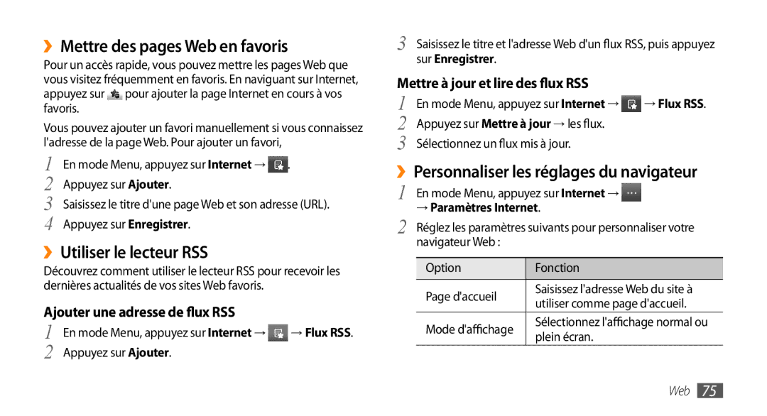 Samsung GT-S5330HKAXEF manual ››Mettre des pages Web en favoris, ››Utiliser le lecteur RSS, Ajouter une adresse de flux RSS 
