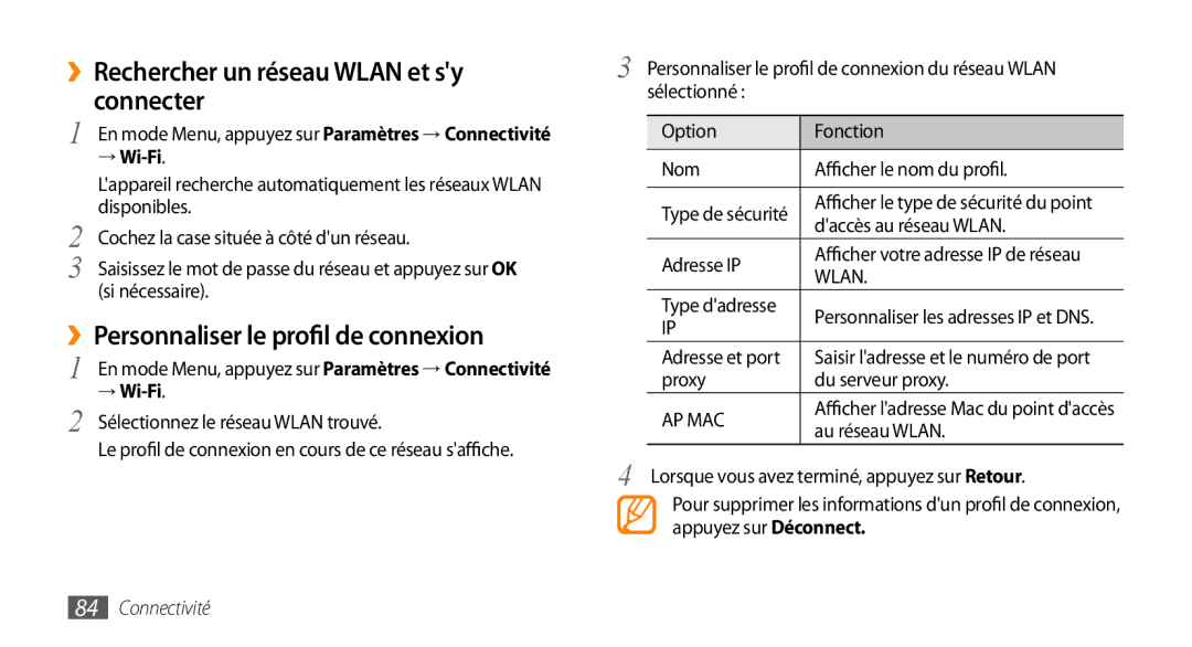 Samsung GT-S5330HKAXEF manual ››Rechercher un réseau Wlan et sy connecter, ››Personnaliser le profil de connexion, → Wi-Fi 
