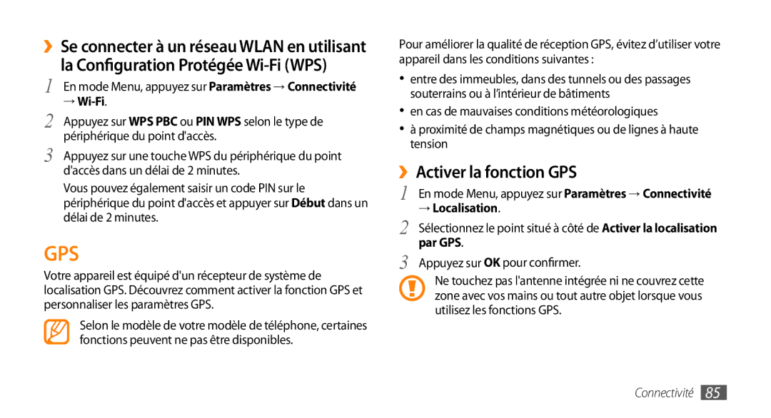 Samsung GT-S5330CWAXEF manual ››Activer la fonction GPS, Périphérique du point daccès, Daccès dans un délai de 2 minutes 