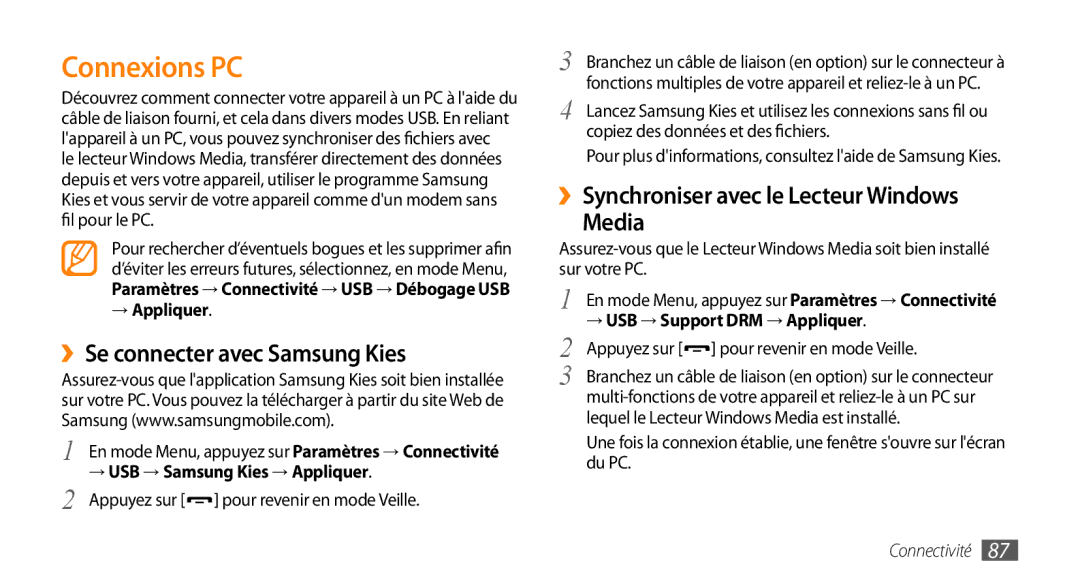 Samsung GT-S5330HKAXEF manual Connexions PC, ››Se connecter avec Samsung Kies, ››Synchroniser avec le Lecteur Windows Media 