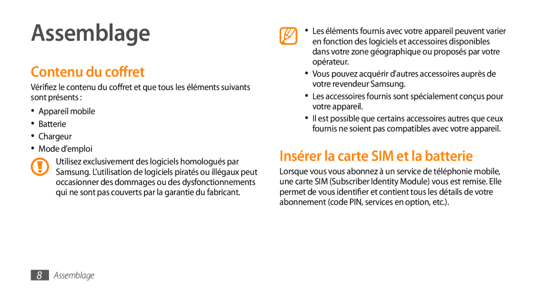 Samsung GT-S5330FIAXEF, GT-S5330HKAXEF, GT-S5330CWAXEF Assemblage, Contenu du coffret, Insérer la carte SIM et la batterie 