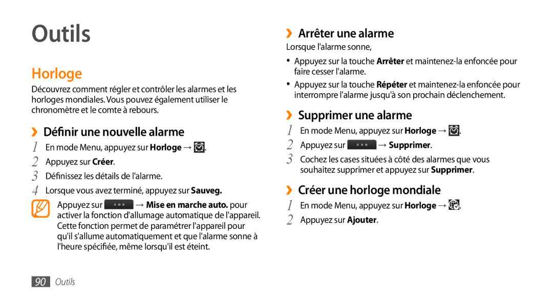 Samsung GT-S5330HKAXEF, GT-S5330FIAXEF, GT-S5330CWAXEF manual Outils, Horloge 