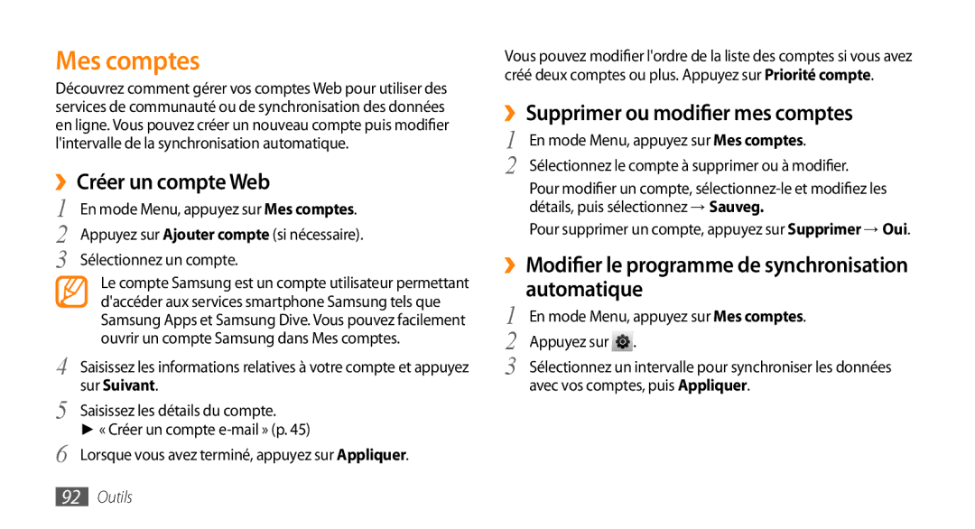 Samsung GT-S5330FIAXEF manual Mes comptes, ››Créer un compte Web, ››Supprimer ou modifier mes comptes, Sur Suivant 