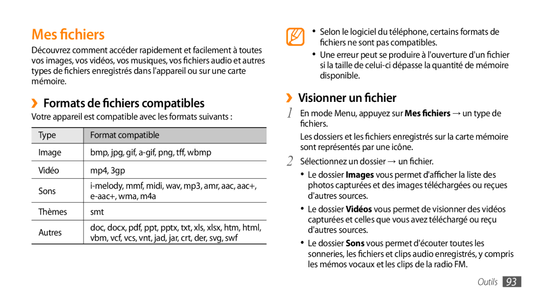 Samsung GT-S5330HKAXEF manual Mes fichiers, ››Formats de fichiers compatibles, ››Visionner un fichier, Aac+, wma, m4a 