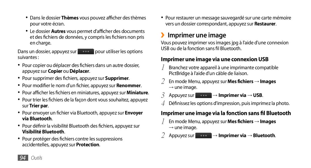 Samsung GT-S5330CWAXEF manual ››Imprimer une image, Imprimer une image via une connexion USB, → Imprimer via → USB 