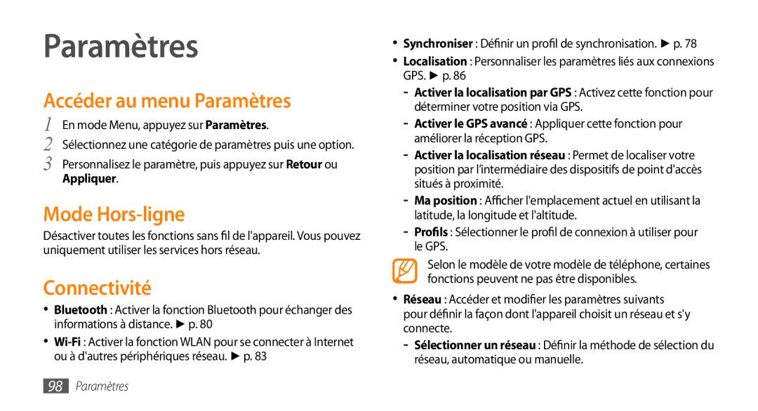 Samsung GT-S5330FIAXEF, GT-S5330HKAXEF manual Accéder au menu Paramètres, Mode Hors-ligne, Connectivité, Appliquer 