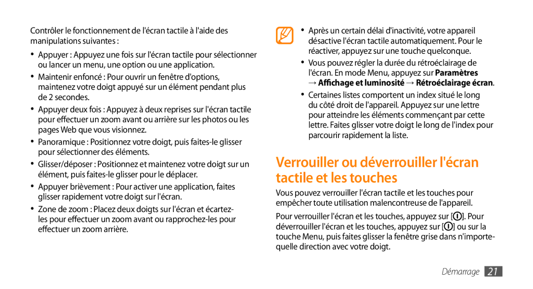 Samsung GT-S5330FIAXEF, GT-S5330HKAXEF, GT-S5330CWAXEF manual Verrouiller ou déverrouiller lécran tactile et les touches 