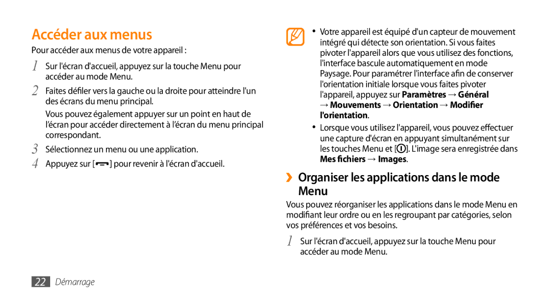 Samsung GT-S5330HKAXEF, GT-S5330FIAXEF Accéder aux menus, ››Organiser les applications dans le mode Menu, 22 Démarrage 