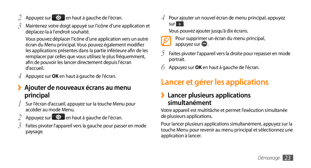 Samsung GT-S5330CWAXEF, GT-S5330FIAXEF Lancer et gérer les applications, ››Ajouter de nouveaux écrans au menu principal 