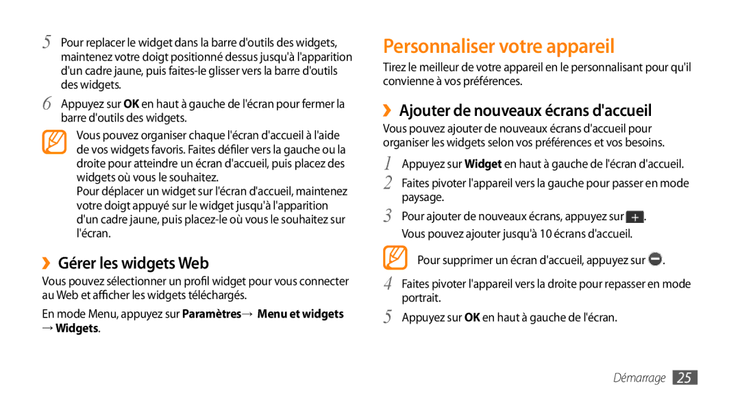 Samsung GT-S5330HKAXEF manual Personnaliser votre appareil, ››Gérer les widgets Web, ››Ajouter de nouveaux écrans daccueil 