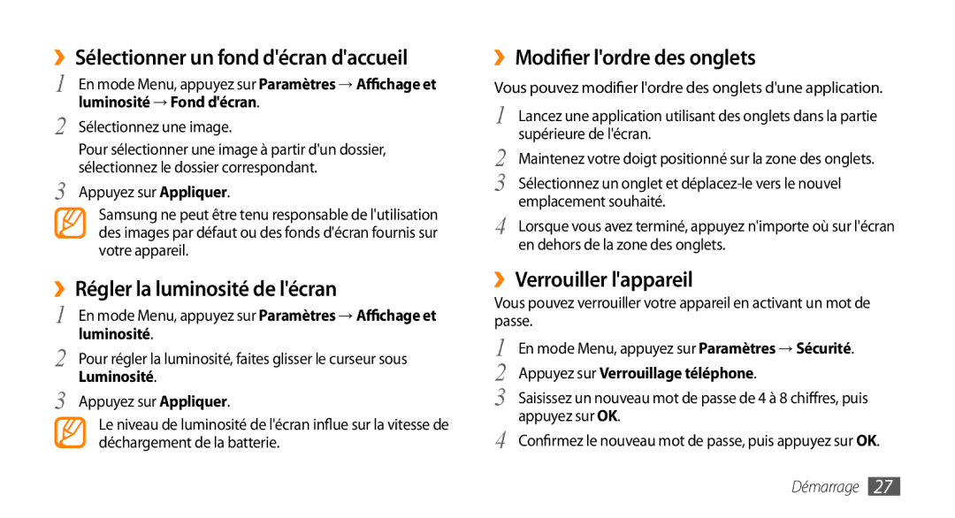 Samsung GT-S5330FIAXEF ››Sélectionner un fond décran daccueil, ››Régler la luminosité de lécran, ››Verrouiller lappareil 