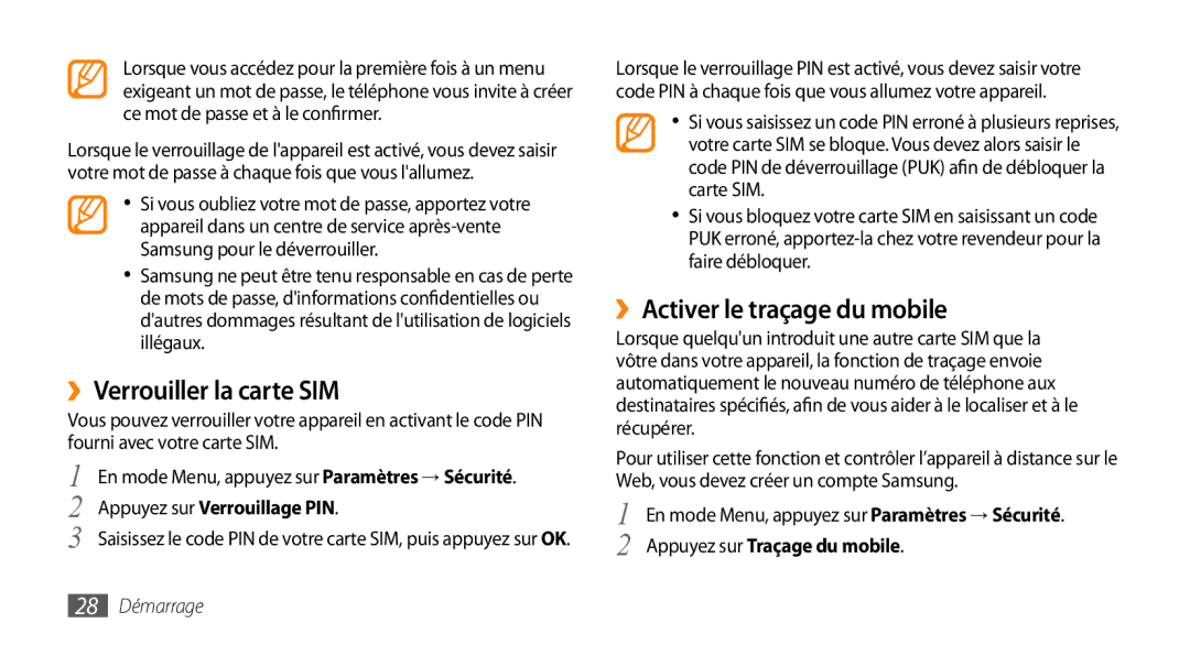 Samsung GT-S5330HKAXEF manual ››Verrouiller la carte SIM, ››Activer le traçage du mobile, Appuyez sur Verrouillage PIN 