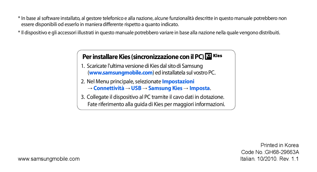 Samsung GT-S5330HKAOMN, GT-S5330HKACIT, GT-S5330HKAVIM manual Per installare Kies sincronizzazione con il PC 