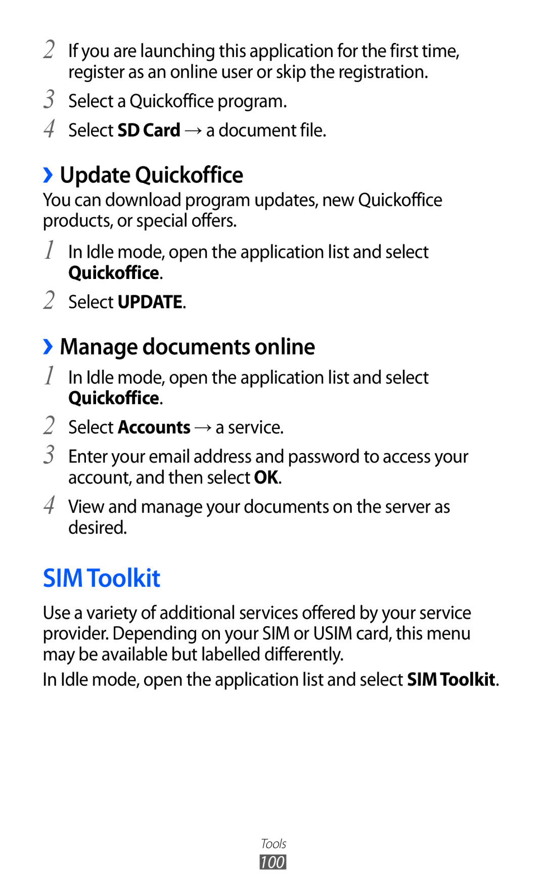 Samsung GT-S5360MASAFR, GT-S5360MAAAFG manual SIM Toolkit, ››Update Quickoffice, ››Manage documents online, Select Update 