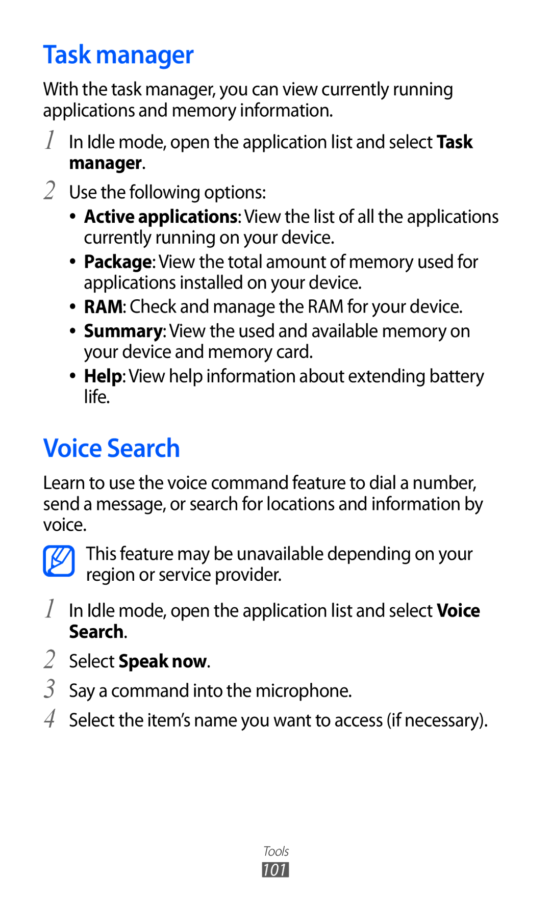 Samsung GT-S5360OIAABS, GT-S5360MAAAFG, GT-S5360MAAAFR, GT-S5360MAABTC Task manager, Voice Search, Search Select Speak now 