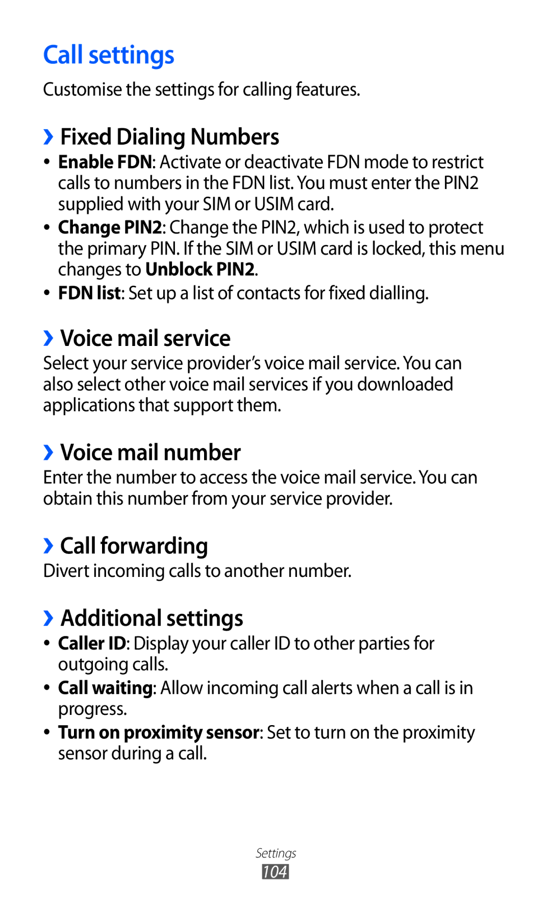 Samsung GT-S5360TKAPAK, GT-S5360MAAAFG, GT-S5360MAAAFR, GT-S5360MAABTC, GT-S5360MAAECT, GT-S5360MASXFE manual Call settings 