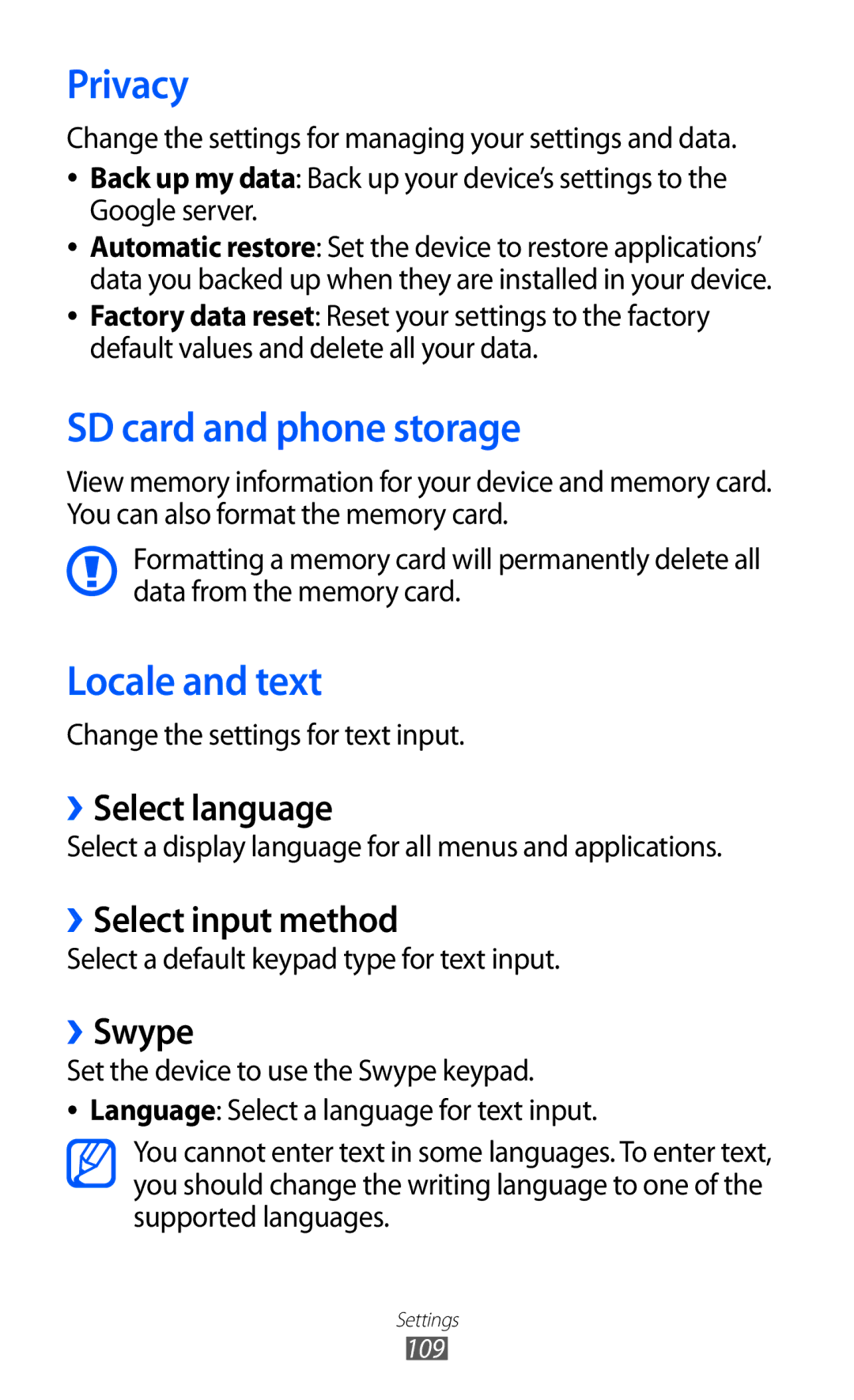 Samsung GT-S5360UWATHR, GT-S5360MAAAFG, GT-S5360MAAAFR, GT-S5360MAABTC Privacy, SD card and phone storage, Locale and text 