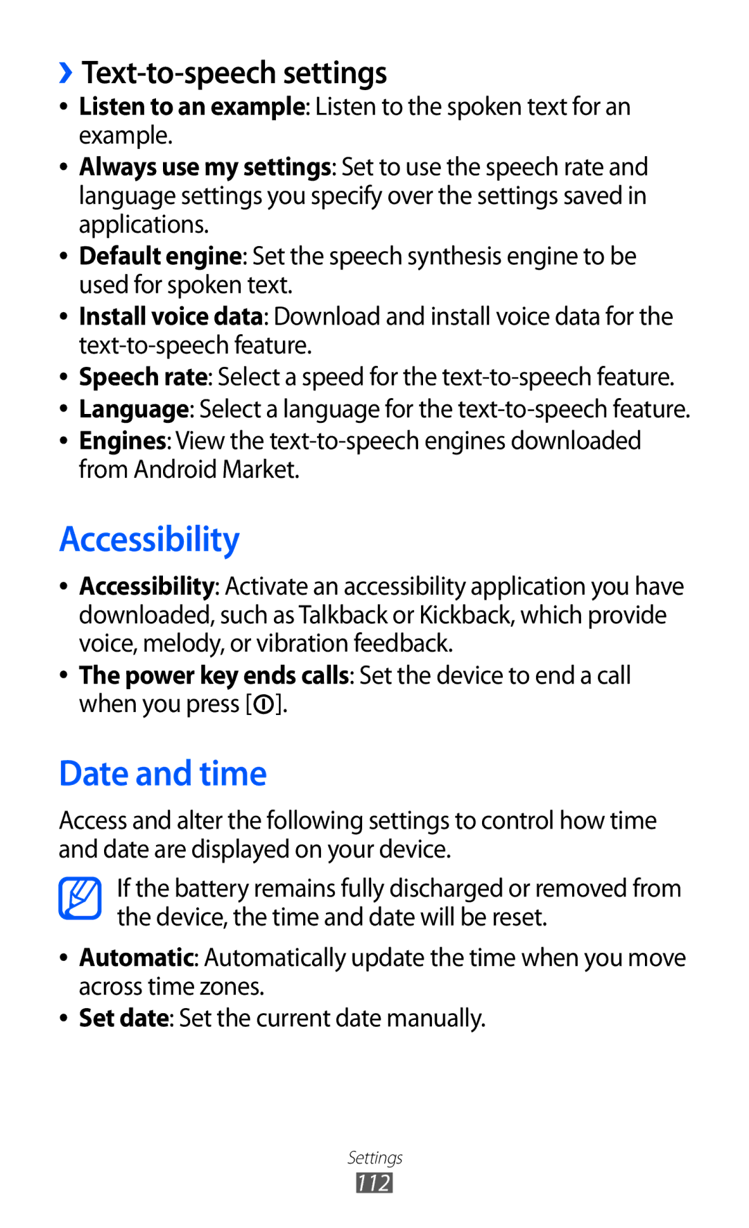 Samsung GT-S5360MAAJED, GT-S5360MAAAFG, GT-S5360MAAAFR manual Accessibility, Date and time, ››Text-to-speech settings 