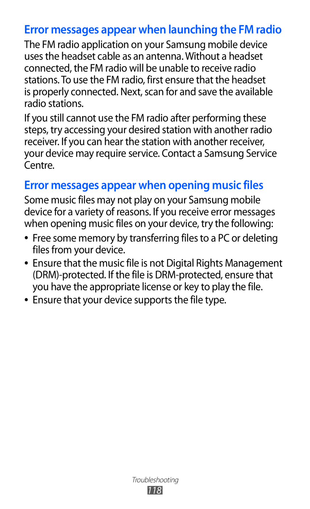 Samsung GT-S5360MAAEGY, GT-S5360MAAAFG, GT-S5360MAAAFR, GT-S5360MAABTC manual Error messages appear when opening music files 