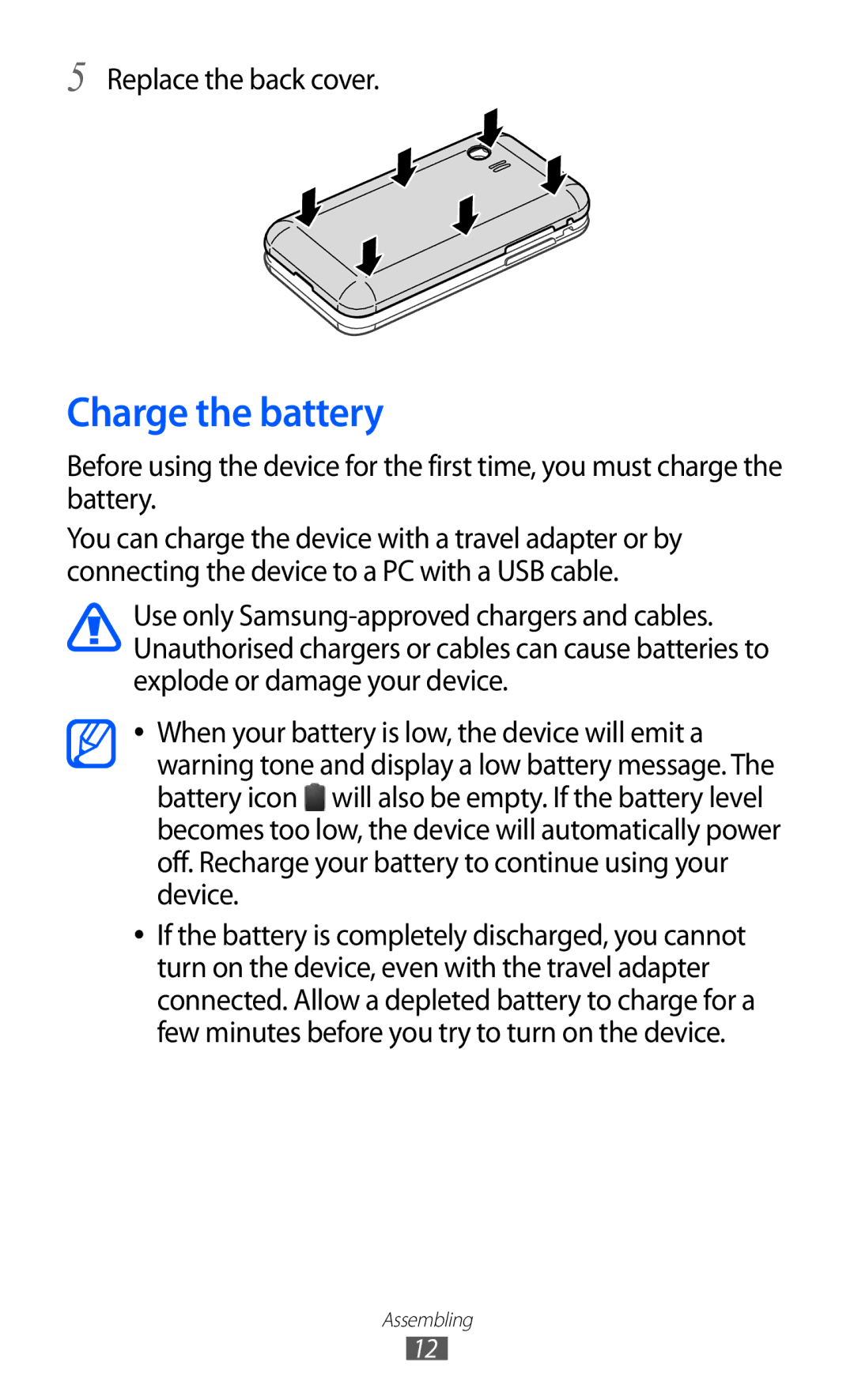 Samsung GT-S5360UWAJED, GT-S5360MAAAFG, GT-S5360MAAAFR, GT-S5360MAABTC manual Charge the battery, Replace the back cover 