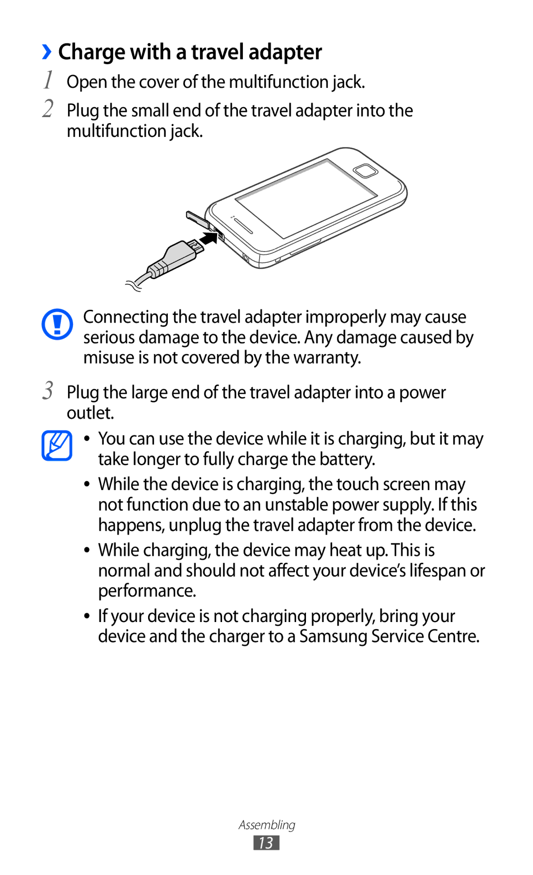 Samsung GT-S5360MAAKSA, GT-S5360MAAAFG, GT-S5360MAAAFR, GT-S5360MAABTC, GT-S5360MAAECT manual ››Charge with a travel adapter 