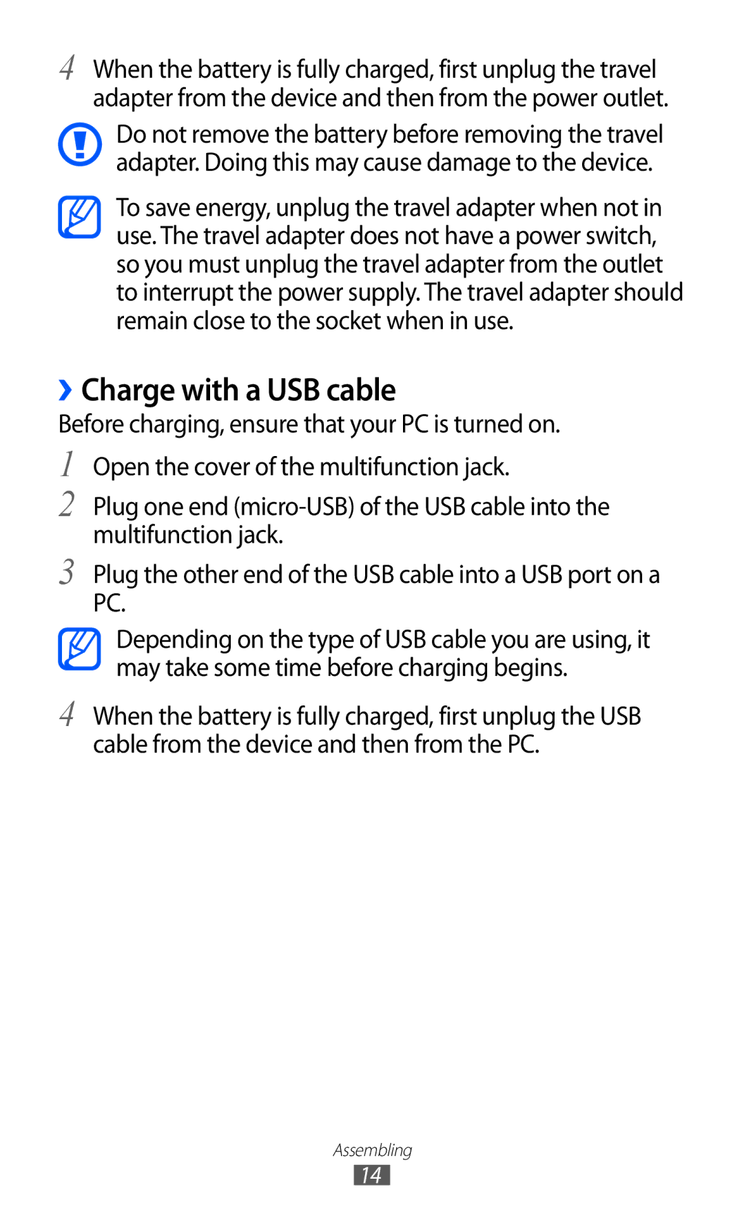 Samsung GT-S5360OIATHR, GT-S5360MAAAFG, GT-S5360MAAAFR, GT-S5360MAABTC, GT-S5360MAAECT manual ››Charge with a USB cable 