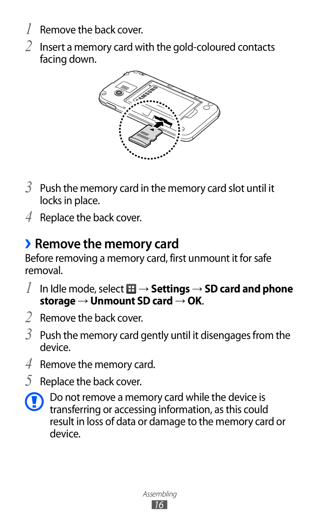 Samsung GT-S5360TKATHR, GT-S5360MAAAFG, GT-S5360MAAAFR, GT-S5360MAABTC, GT-S5360MAAECT manual ››Remove the memory card 