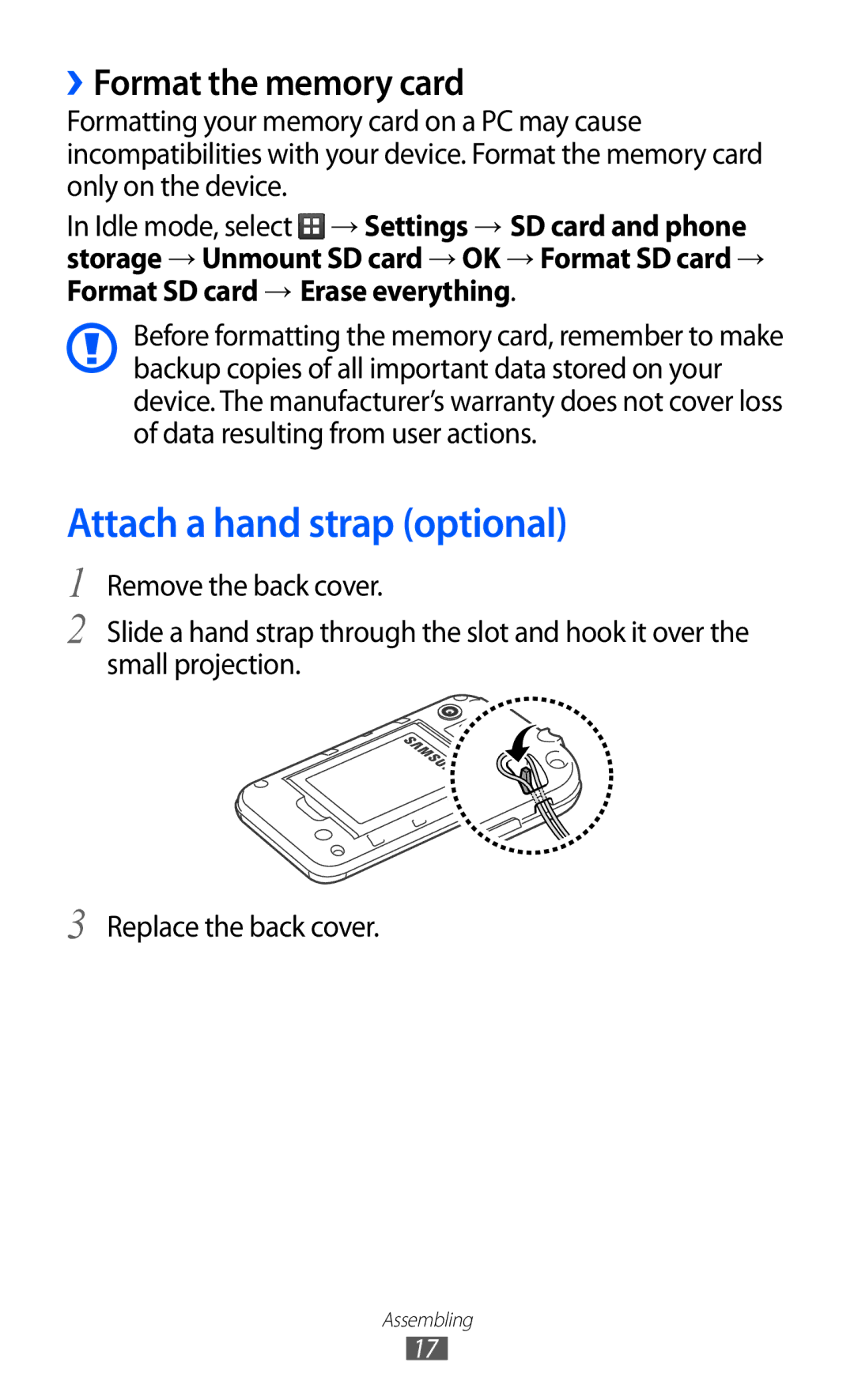 Samsung GT-S5360TKUSKZ, GT-S5360MAAAFG, GT-S5360MAAAFR manual Attach a hand strap optional, ››Format the memory card 