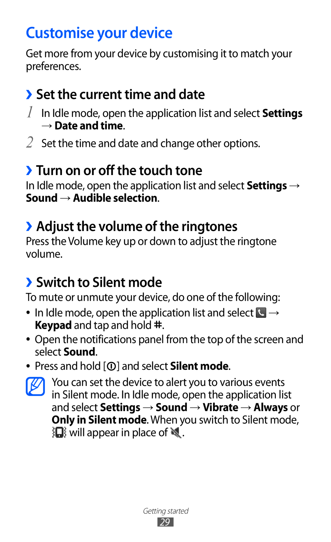 Samsung GT-S5360UWATHR manual Customise your device, ››Set the current time and date, ››Turn on or off the touch tone 