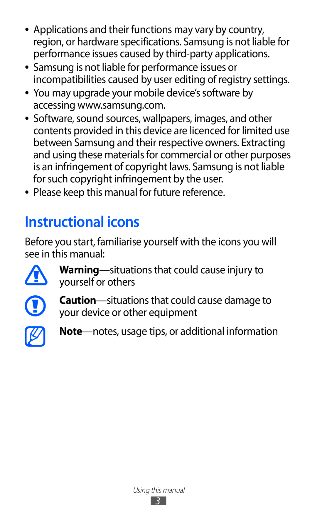 Samsung GT-S5360MAAECT, GT-S5360MAAAFG, GT-S5360MAAAFR Instructional icons, Please keep this manual for future reference 