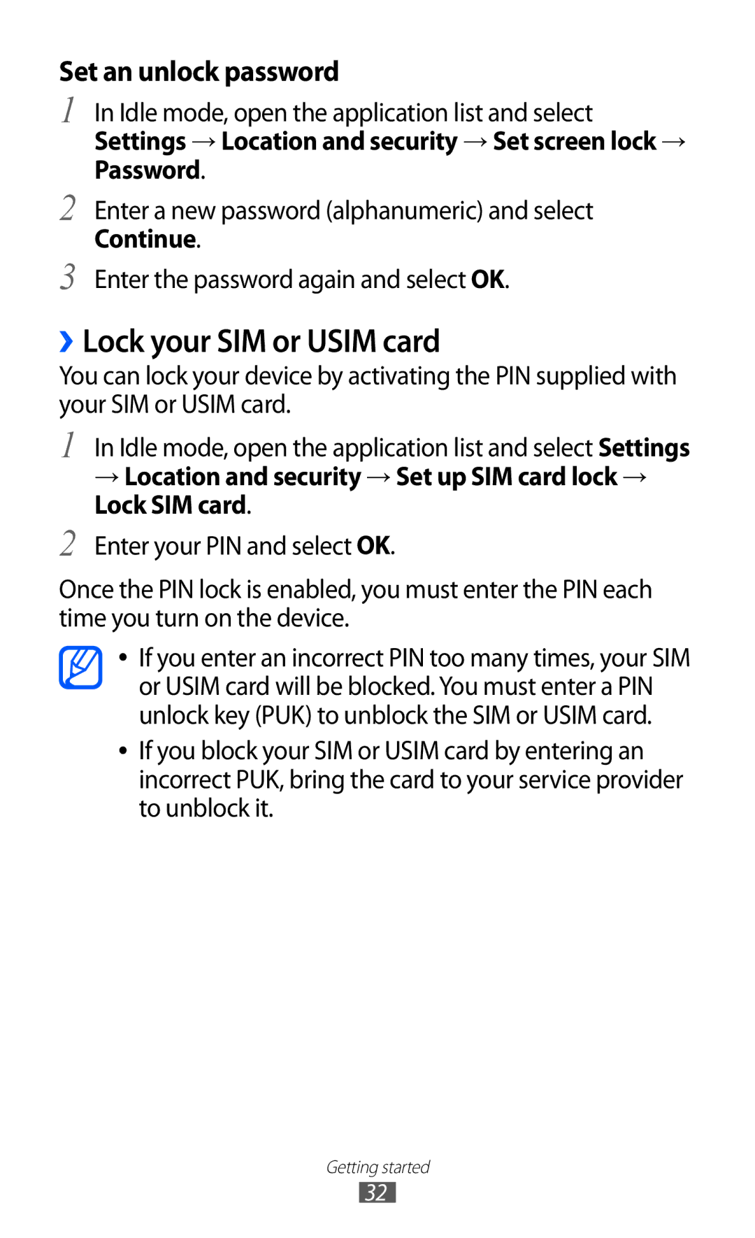 Samsung GT-S5360MAAJED, GT-S5360MAAAFG manual ››Lock your SIM or Usim card, Idle mode, open the application list and select 