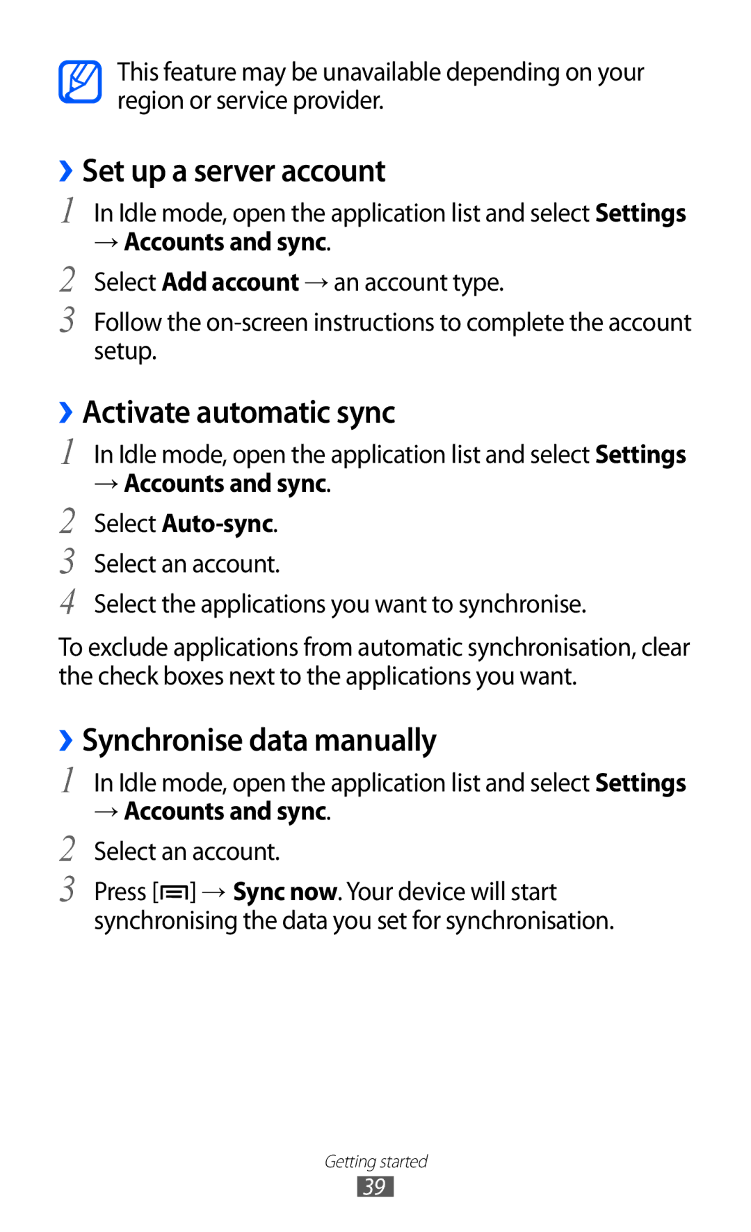 Samsung GT-S5360MAAMRT, GT-S5360MAAAFG ››Set up a server account, ››Activate automatic sync, ››Synchronise data manually 