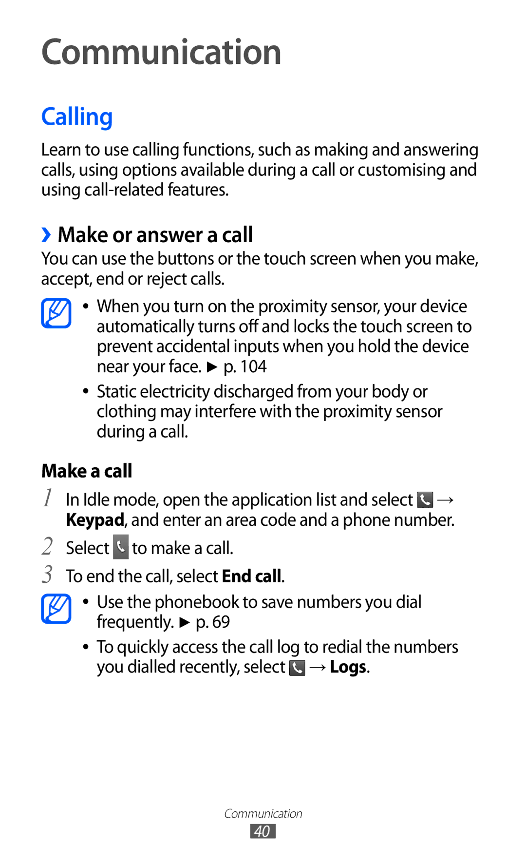 Samsung GT-S5360MASKSA, GT-S5360MAAAFG, GT-S5360MAAAFR, GT-S5360MAABTC manual Communication, Calling, ››Make or answer a call 