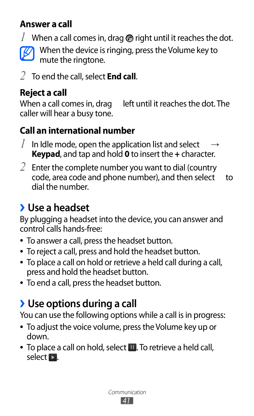 Samsung GT-S5360OIAEGY, GT-S5360MAAAFG, GT-S5360MAAAFR, GT-S5360MAABTC manual ››Use a headset, ››Use options during a call 