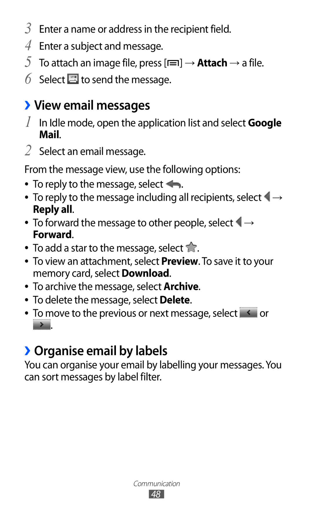 Samsung GT-S5360UWAABS, GT-S5360MAAAFG manual ››View email messages, ››Organise email by labels, Select an email message 