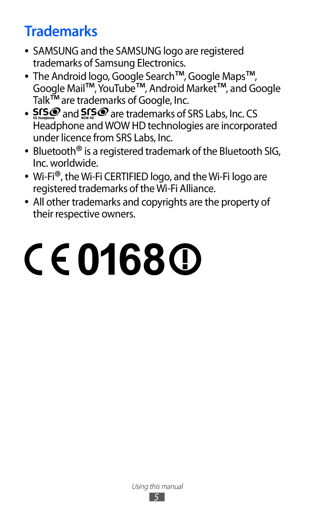 Samsung GT-S5360MAUSKZ, GT-S5360MAAAFG, GT-S5360MAAAFR, GT-S5360MAABTC, GT-S5360MAAECT, GT-S5360MASXFE manual Trademarks 