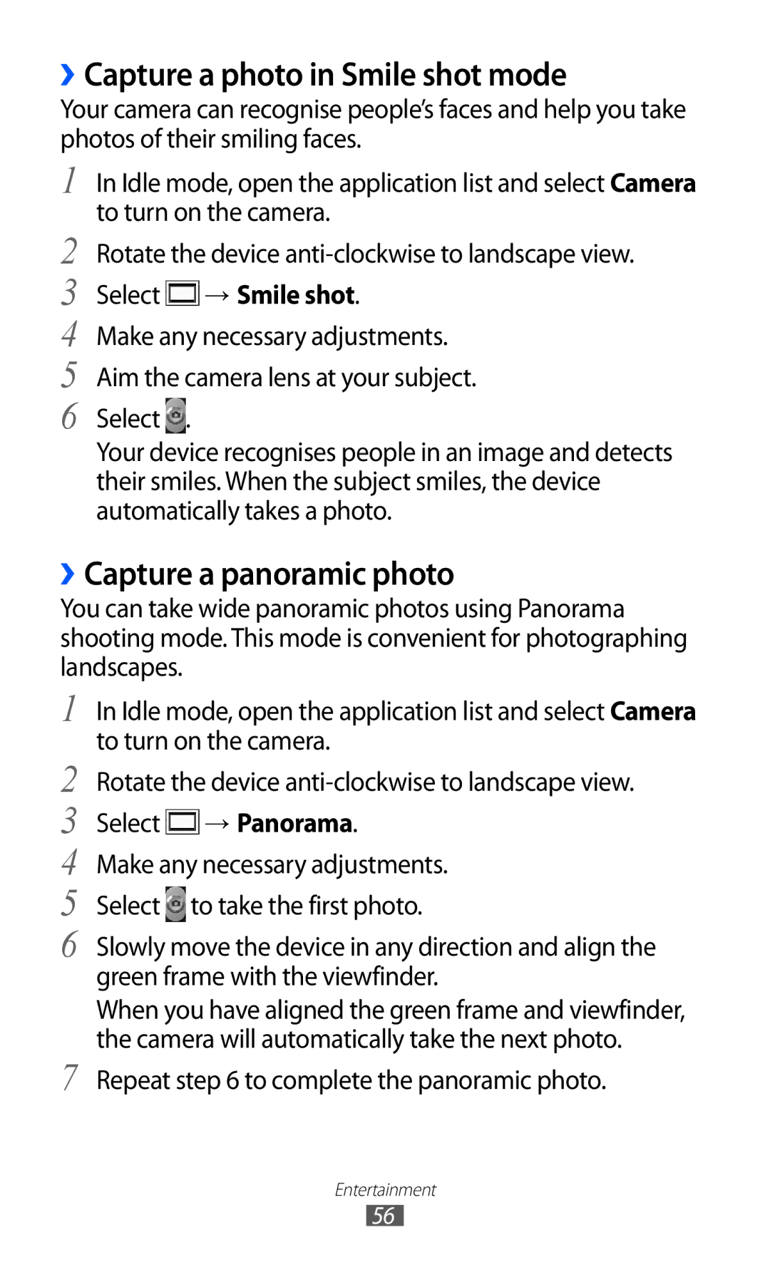 Samsung GT-S5360MASPAK manual ››Capture a photo in Smile shot mode, ››Capture a panoramic photo, Select → Smile shot 