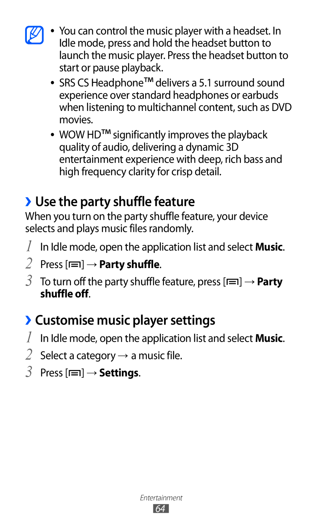 Samsung GT-S5360MAASKZ manual ››Use the party shuffle feature, ››Customise music player settings, Press → Party shuffle 