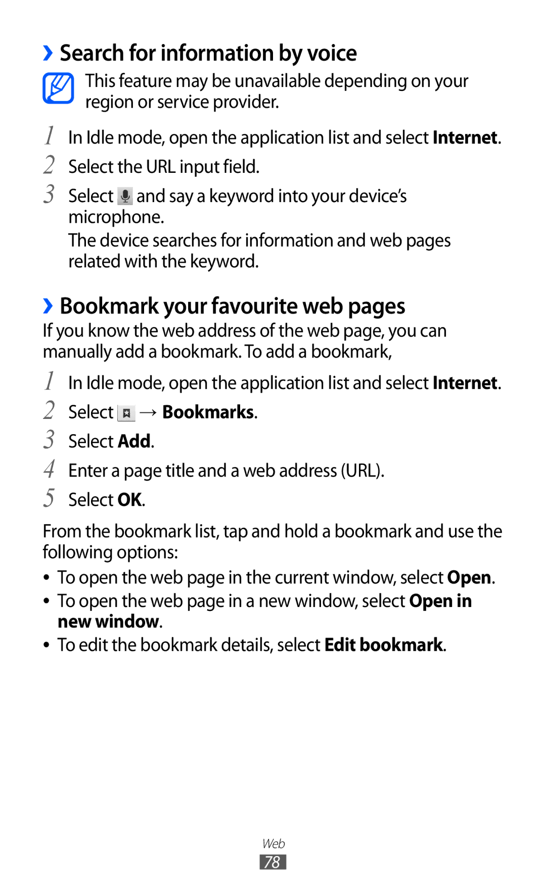 Samsung GT-S5360HAAXXV manual ››Search for information by voice, ››Bookmark your favourite web pages, Select → Bookmarks 